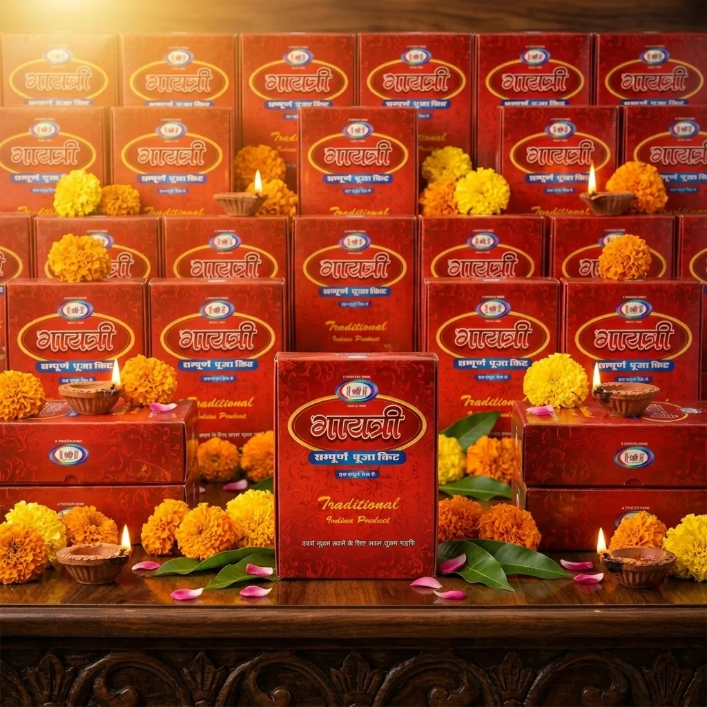 Pooja samagri items displayed in wholesale bulk quantities