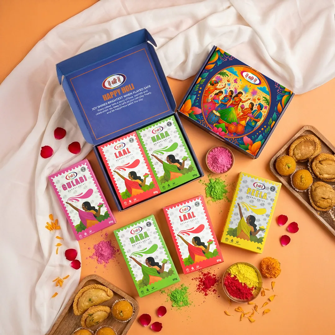 Shri Fruit Splash Herbal Gulal Gift Set — flat lay with colour packs