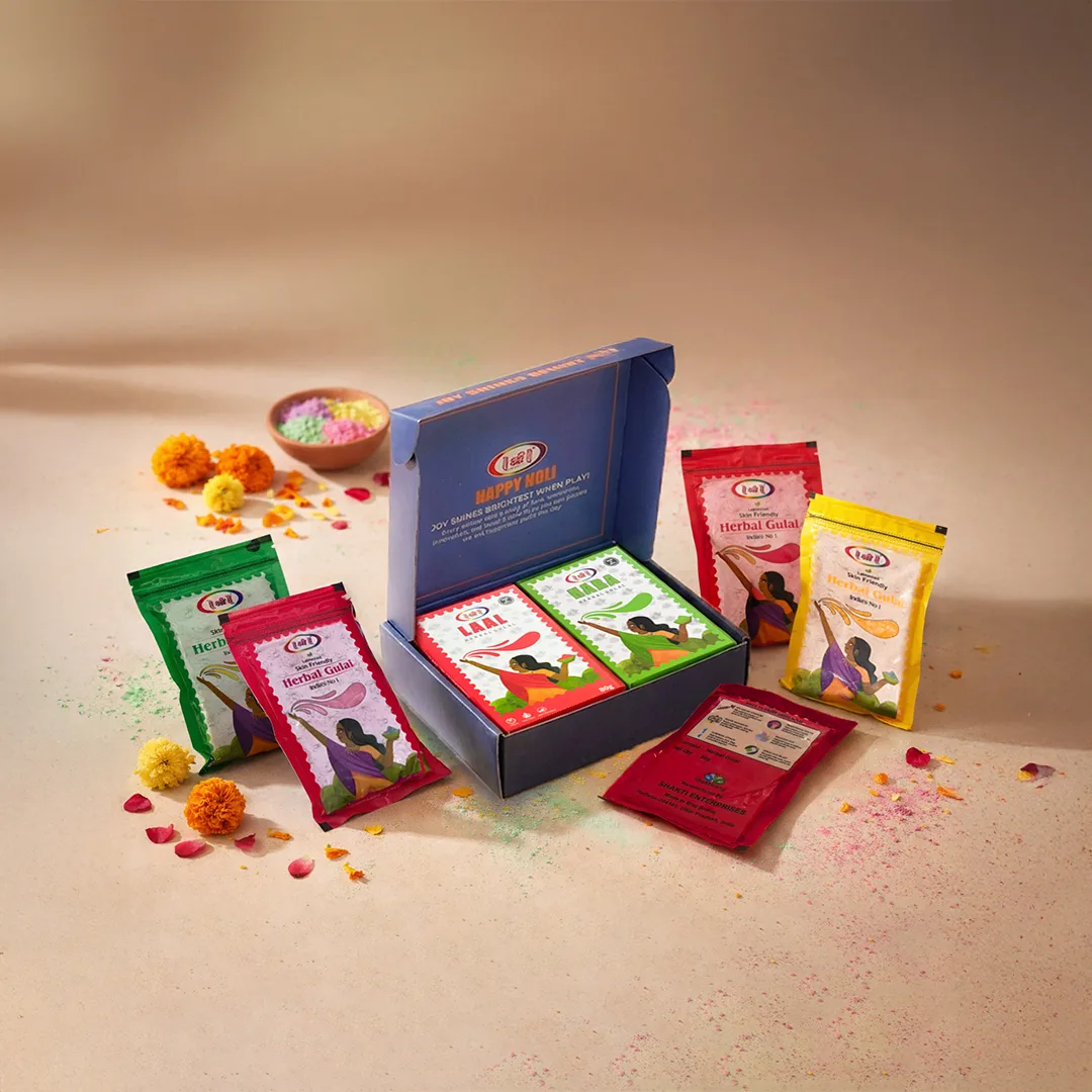 Shree Rangotsav Herbal Gulal Gift Box — open box showing colour packs