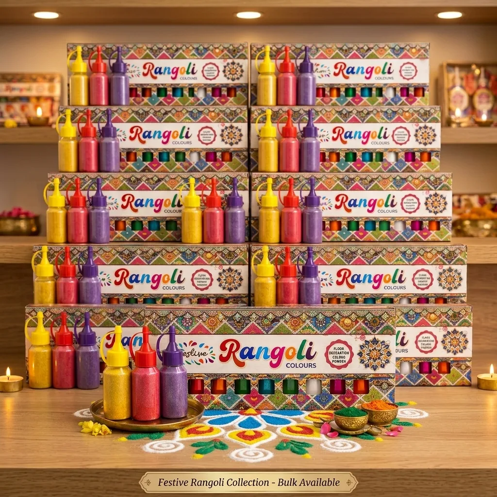 Rangoli colour bottles in wholesale bulk arrangement